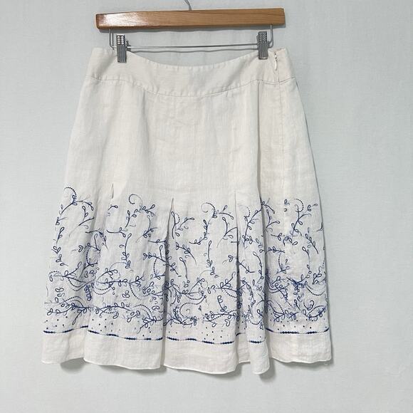 Ann Taylor 100% Linen A Line Skirt Size 8 White Blue Embroidered Floral Lined - Picture 5 of 12